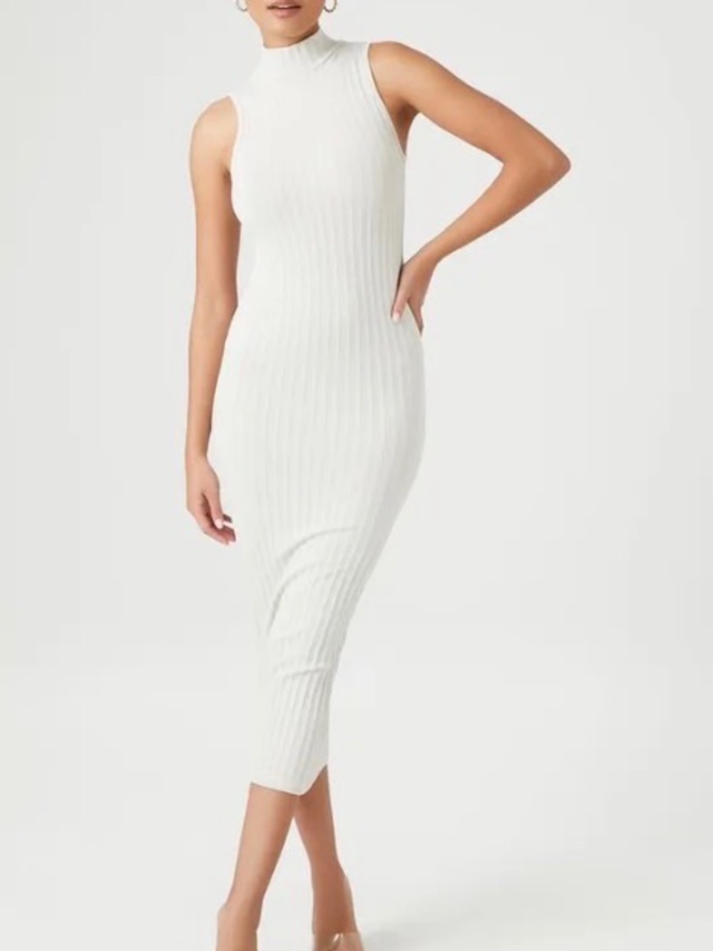 Sleeveless Ribbed Mock-Neck Midi Dress in White